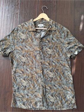 Zara Man - Men's Brown Leaf-Print Short Sleeve Shirt - Medium